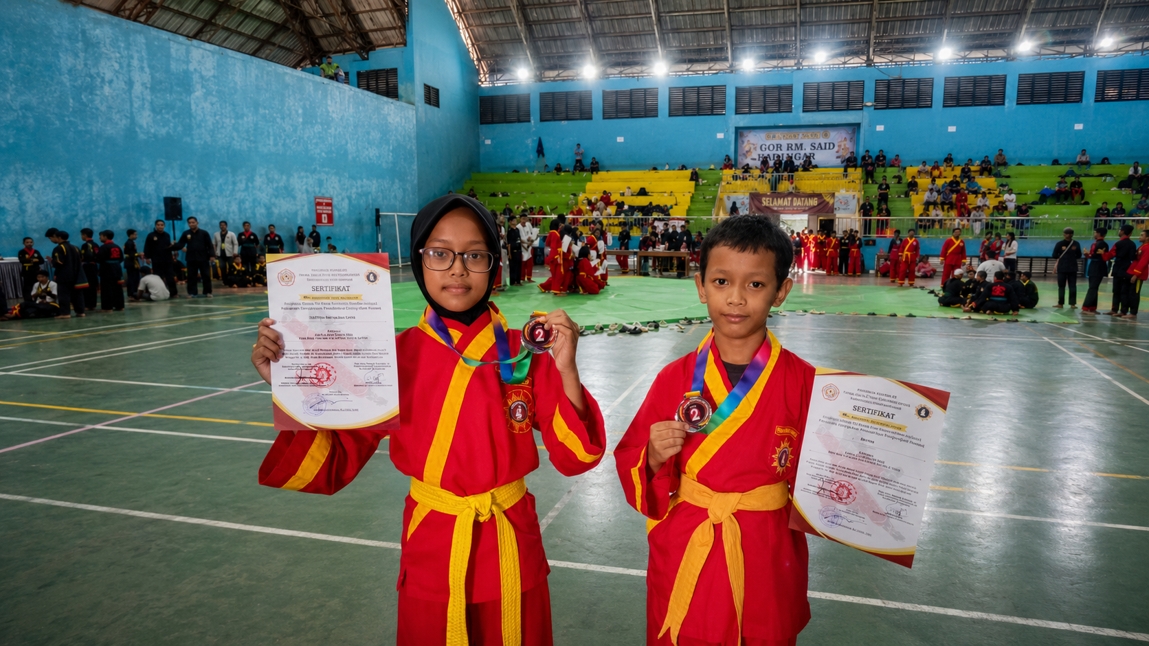 Siswa MI Muhammadiyah Karan menunjukkan medali dan piagam yang diraih dalam ajang KEJURDA XX TSPM PIMDA 055 Karanganyar.